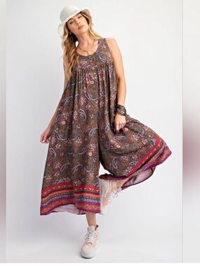 NWT: Easel Boho Paisley Olive Flowy Cropped Wide Leg Jumper• Medium